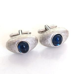 Vintage Shields Brushed Silver Tone Blue Glass Cabochon Retro Cufflinks